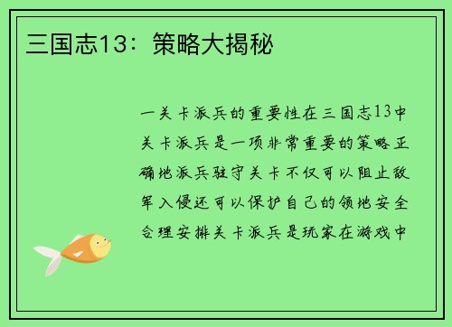 三国志13：策略大揭秘